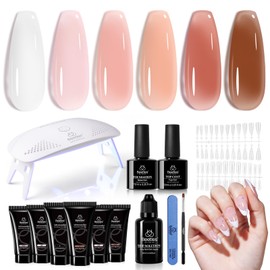 beetles Gel Polish Beetles Poly Nail Gel Kit 6 Colors Clear Nude Brown Nail Extension Gel Set Builder Hybrid Jelly Gel with Nail Lamp Poly Extension Gel Nail Kit with Slip Solution Base Top Coat Gel Polish for Women