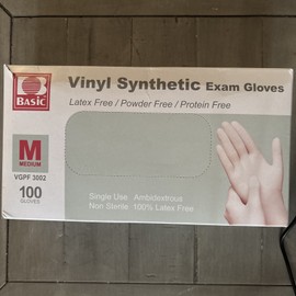 Basic Vinyl Synthetic Exam Gloves Latex Free Powder Free Size Medium 100 Gloves in Box