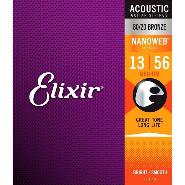 Elixir 11102 80/20 Bronze Nanoweb Coating Acoustic Guitar Strings, Medium,