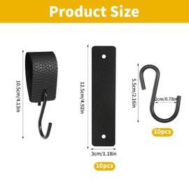 QINGYIWL Pack of 10 S Hooks with Leather Loop, S Hooks Black for Kitchen, Balcony, Bathroom, Pram, Metal Coat Hooks No Drilling, Multifunctional Hooks