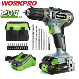 WORKPRO 20V Electric Cordless Drill Driver Kit 3/8''Chuck Drill W/2.0 Ah Battery