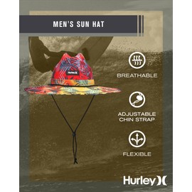 Hurley Men's Sun Hat - Wide-Brim Tropical Print Lifeguard and Summer Beach Hat for Men with Chin Strap, Size One Size, Chile Red