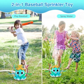 MoKo Water Sprinkler Baseball Toy for Children Outdoor Play, 2 in 1 Baseball Water Games, 360° Rotatable Yard Sprayer Sprinkler, Toddler Outdoor Toy, Sky Blue Octopus