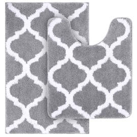 OLANLY Bathroom Rugs Set 2 Piece, Microfiber Bath Shower Mat and U-Shaped Toilet Rug, Machine Wash Dry, Non-Slip Absorbent Shaggy Bath Mats for Tub, Shower and Bathroom (24"x16"+24"x20", Grey)