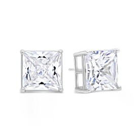 KEZEF Sterling Silver Stud Earrings | Square Princess Cut CZ Cubic Zirconia for Women and Men | Square Basket Setting Stud Earring | 11mm