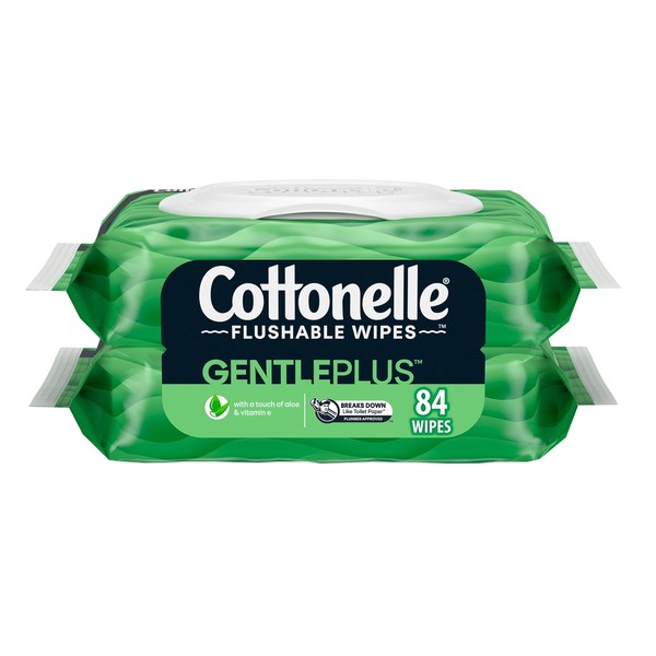 Cottonelle GentlePlus Flushable Wet Wipes with Aloe & Vitamin E - 2 Flip-Top Packs, 84 Total Flushable Wipes, 42 Count (Pack of 2)