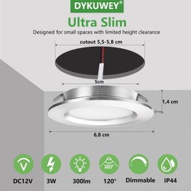 DYKUWEY Set of 4 LED Recessed Spotlights, 12 V, 3 W, Recessed Spotlights, LED Flat Borehole 55-58 mm and 14 mm Flat, LED Spot 12 V IP44 Dimmable Ceiling Spotlight, Furniture Recessed Spotlights