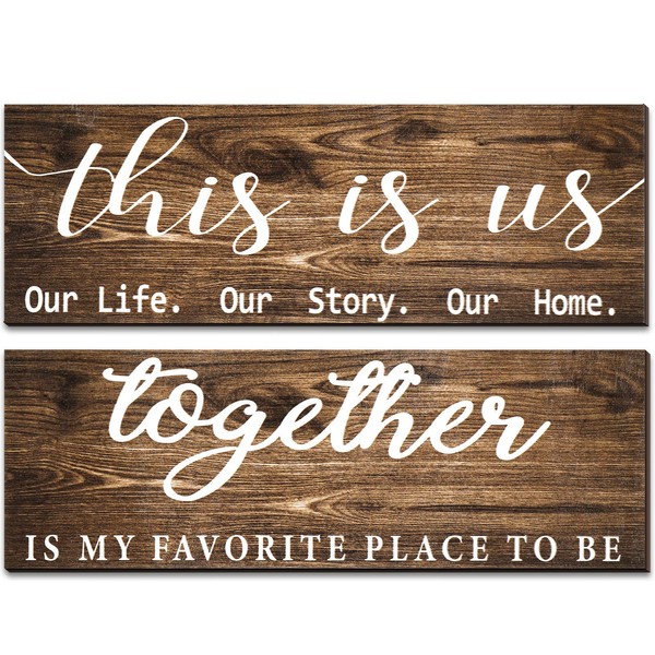 2 Pieces This is Us Our Life Our Story Home Wall Signs Decor Together Is My Favorite Place To Be Sign Rustic Wood Wall Entryway Plaque for Bedroom Living Room Decor, 4.7 x 13.8 Inch (Brown)