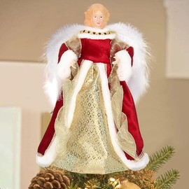 Longzhuo Angel Christmas Tree Topper, Fibre Optic Christmas Tree Topper Angel, Angel Decoration Christmas Tree Top Topper with Feather Wings, Light Up Xmas Angel, 30cm/11.8in(Red-Warm Light New)