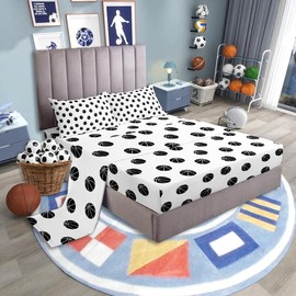 Manfei Basketball Kids Sheet Full Size,Ball Sports Games Bedding Set,Girls Boys Adults Room Decor,Ball Simple Style Fashion Black White Chic Bed Sheet Set 4pcs(Fitted + Flat + 2 Pillowcases)