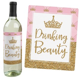 Big Dot of Happiness Little Princess Crown - Pink and Gold Princess Baby Shower or Birthday Party Decorations for Women and Men - Wine Bottle Label Stickers - Set of 4