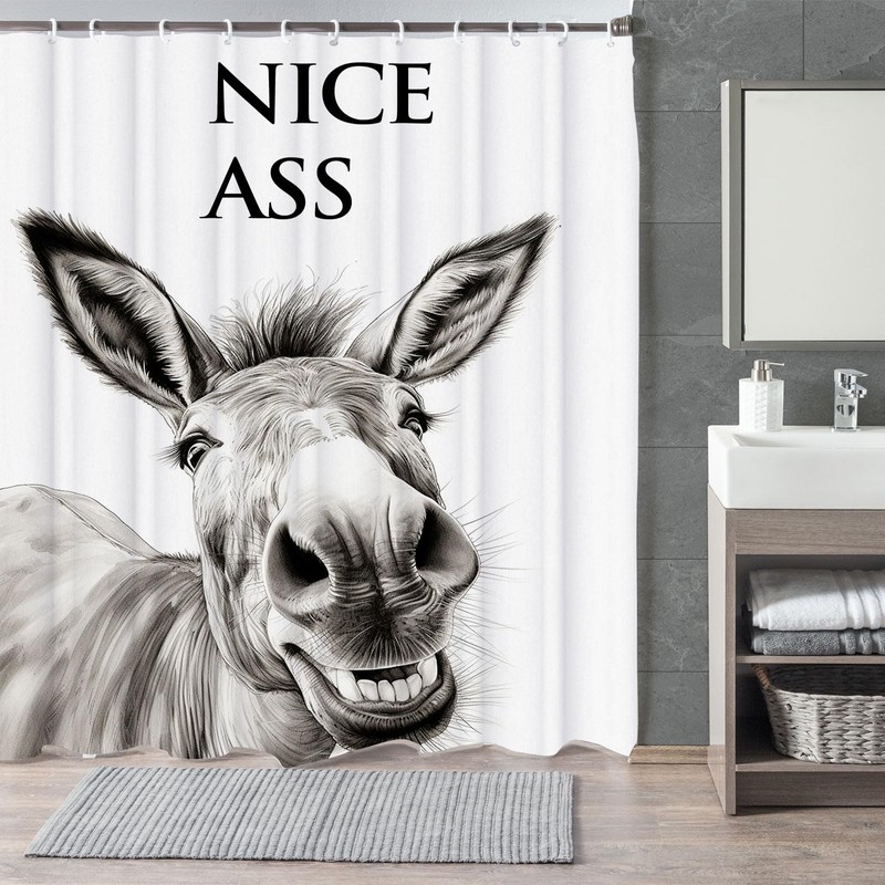 LKFBSC Funny Donkey Shower Curtain, Black and White Farmhouse Animal