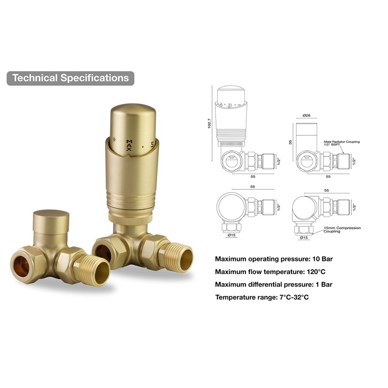 Brushed Brass Thermostatic Radiator Valve Angled TRV Corner Radiator Thermostat