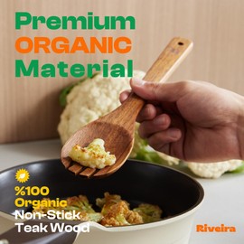Riveira Teak Wooden Spoons for Cooking Set of 6 – Natural Teak Wooden Cooking Utensils, Wooden Spatula, Wooden Spoon - Premium Quality Utensil Set for Non-Toxic Cooking