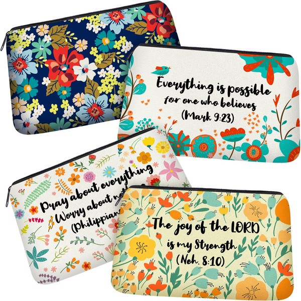 4 Pieces Inspirational Bible Verse Pencil Pouch Christian Pencil Case Scripture Canvas Makeup Bags for Students Office Journaling Supplies (Bible Verse Pattern,8.7 x 5.5 Inch)
