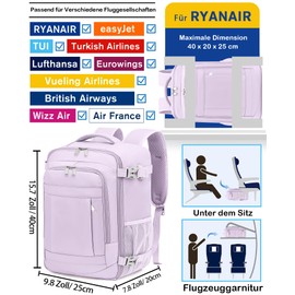 KLOSTAIN Hand Luggage Backpack for Ryanair Small Hand Luggage Backpack Airplane Travel Backpack Bag Laptop Backpack for Men and Women, Light purple