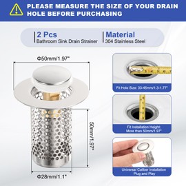 sourcing map 2Pcs Bathroom Sink Drain Strainer, Sink Stopper Hair Catcher with Removable 304 Stainless Steel Filter Basket 2" x 2" Fit 1.3"-1.8" Hole for Bathroom Sink Stopper Replacement