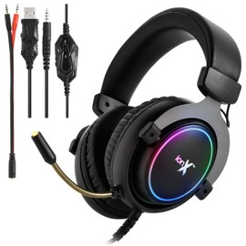 ionX Wired Gaming Headphones with Microphone, Over The Ear 3.5mm Headphones with Microphone and RGB Lighting (Black)