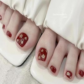Press on Toenails Red Fake Toe Nails Flower False Toenails Glossy Full Cover Acrylic Glue on Toenails with Designs Glitter Toe Press on Nails Artificial Stick on Toenails for Women Manicure 24Pcs