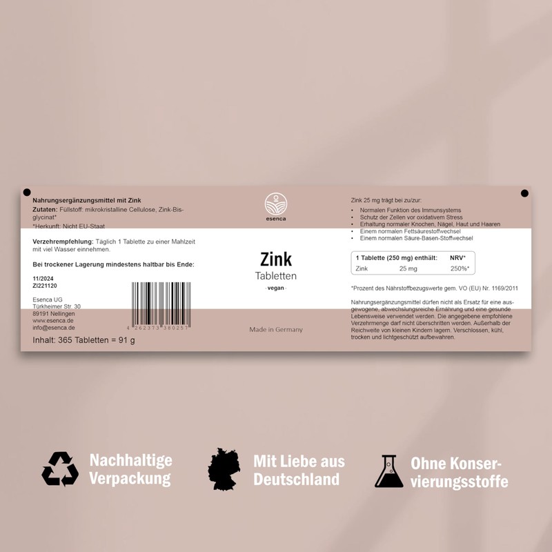 Esenca Zinc 25mg - 365 Tablets - Zinc Bisglycinate (Zinc