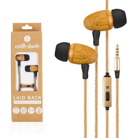 Earth-Budz Wood Earbuds — Hand-Crafted Sustainable Bamboo Wood Earbuds with Microphone and a Natural Hemp Cord Lightweight, Noise-Isolating Earphones Wood for Cell Phones and Laptops, Laid Back