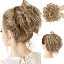 HMD Messy Bun Hair Piece Hair With Elastic Rubber Band Extensions Hairpiece Synthetic Hair Extensions Scrunchies Hairpiece for Women (Tousled Updo Bun, Ash Blonde & dark blonde).