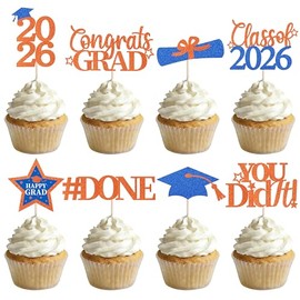 Graduation Cupcake Toppers 2026,48Pcs Orange and Blue Graduation Cake Toppers,Grad Cake Decorations Class of 2026 Cupcake Toppers,Blue and Orange Grad Cupcake Toppers for Graduation Party Decoration
