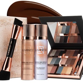 LUMINESS Airbrush Flawless 4-PC Makeup Kit - Includes Eyeshadow Palette, Airbrush Foundation, Primer & Makeup Brushes - Long-Lasting, Silky, Easy to Blend Make Up Set, Travel Size (16 - Light Rich)