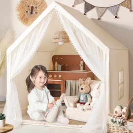 Monobeach Kids Tent Beige Play Tent with Long Mesh Curtain Large Playhouse for Indoor Outdoor Play Cottage Castle Toy for Girls Boys House Gift (Beige Kids Play Tent)