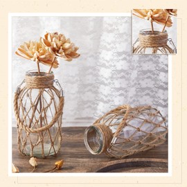 Set of 2 Rope Net Dry Flower Glass Vase 7.9 x 4 Inches Wicker Farmhouse Vase Coastal Decor for Home Rustic Hanging Mason Jar Rope Wrapping Decorative Bottles Nautical Coastal Farmhouse Vase