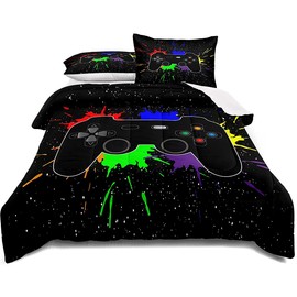 Gaming Bedding Set Twin Size Gamer Comforter Set for Boys Girls Kids Teens Soft Microfiber Colorful Modern Buttons Video Game Bedding Decorative Controller Pattern Design with Pillow Sham…