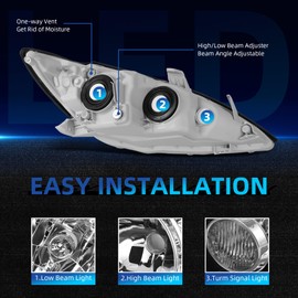 LEDKINGDOMUS Headlight Assembly, DOT-certified, Compatible with 2005-2006 Camry 05 06 Camry LE/XLE (US Version Only) Headlamp Replacement Pair Chrome Housing Amber Reflector Clear Lens