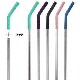 Senneny Set of 5 Stainless Steel Straws with Silicone Flex Tips Elbows Cover, 2 Cleaning Brushes and 1 Portable Bag Included (Silver)- 8mm diameter
