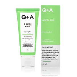 Q+A Apfel AHA Peeling Gel, die natürlich vorkommenden AHA’s, Apfelsäure und Milchsäure verbessern sichtbar unebene Hautstrukturen. 75 ml
