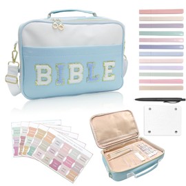 Bible Cover Case for Women, Large Chenille Letter Bible Bag with Shoulder Strap, Blue Bible Tote Bags with Bible Study Accessories, Ideal Gift for Women Lady Girls