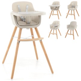 Nightcore 3-in-1 Convertible Baby High Chair, Infant Multi-Purpose Dining Chair with Removable Tray & Adjustable Legs, Toddler Dining Chair with 5-Point Seat Belt & PU Pad (Beige)