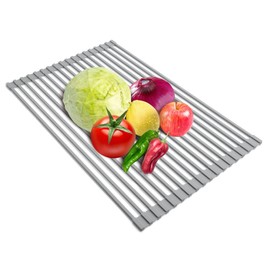YEHUARIS Roll-Up Dish Drying Rack, Multifunctional Rollable Over Sink Dish Rack with Utensil Holder, Foldable Silicone Wrapped Steel Drain Rack for Kitchen Sink Counter, 20.47"(L) x 12.59"(W)