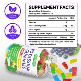 Potassium Citrate Gummies 1000mg, High Potency Potassium Supplement for Adults Women & Men, Support Leg Cramps & Muscle Health, Sugar-Free, Mixfed Fruit Flavor, 60 Count