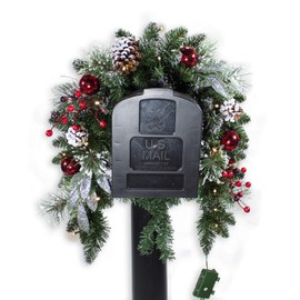 Holiday Pride Christmas Mailbox Swag with Snowy Pinecones, Red Ball Ornaments, Silver Leaves and Red Berry Accents - Pre-lit with 20 LED Lights - 36 Inch Length
