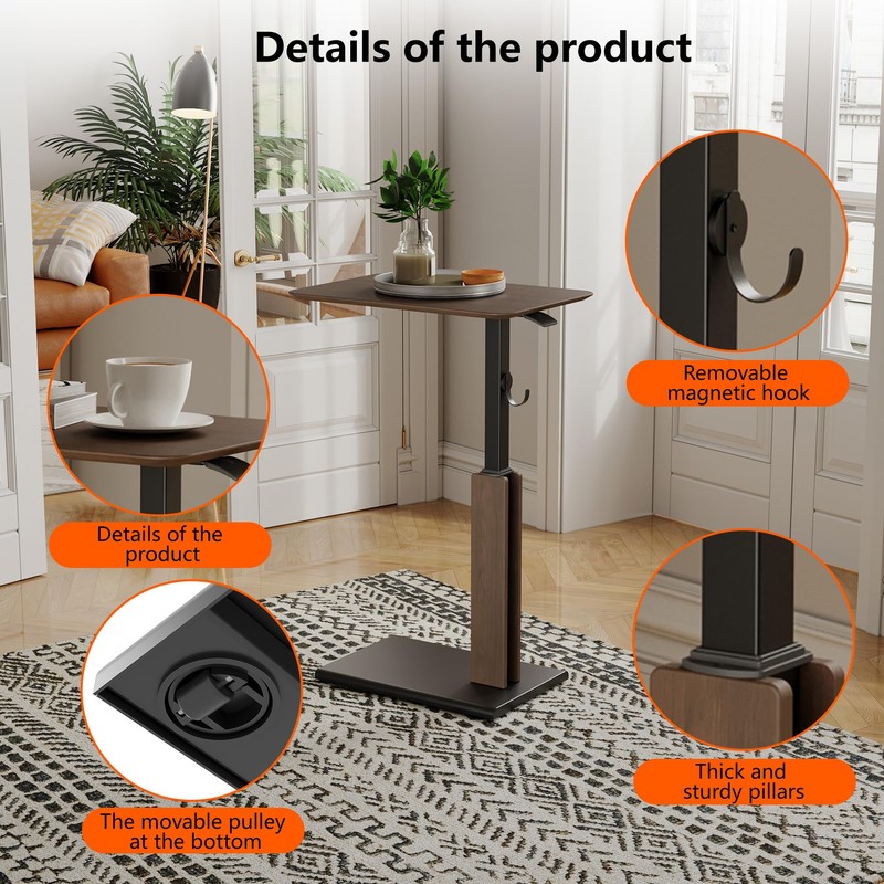 ETHU Overbed Table with Pneumatic Lift, 26.4-39.8 Inch Height Adjustable