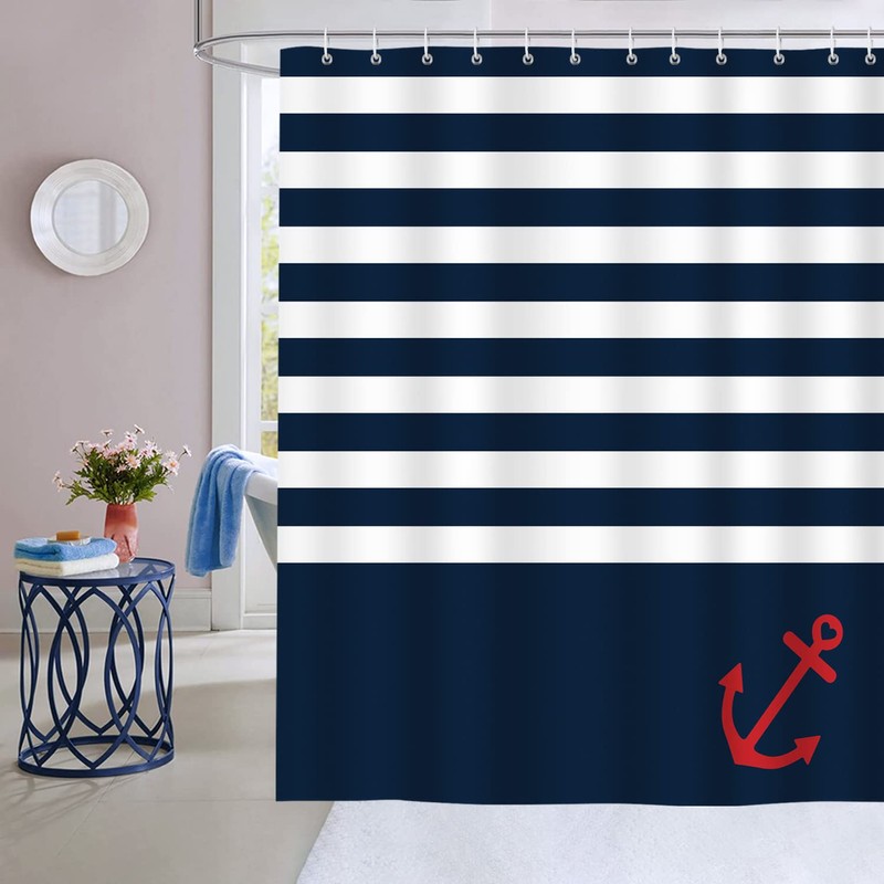 Bonhause Nautical Stripe Shower Curtain, Navy Blue Anchor Bathroom Curtain