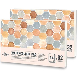 STATIONERY ISLAND Watercolour Paper A4 Pad, 32 Sheets, 2 Pack Water Colour Paper 300gsm, Glue Bound, Cold-Pressed Texture, Watercolour Sketchbook for Painting, Drawing, Sketching and Mixed Media