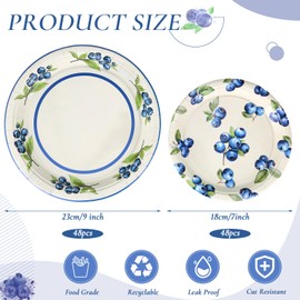 96 Pcs Blueberry Paper Plates Set Dinner Plates 9 Inch and 7 Inch Dessert Tableware Disposable Fruit Paper Plate Summer Decoration for Baby Shower Party Birthday Wedding Bridal