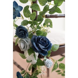 Ling's Moment 8pcs Wedding Chair Decorations Aisle Pew Church Artificial Flowers Greenery Swags Dusty Blue & Navy Bench Ceremony Reception Floral Faux Backdrop Rose Arrangements Party Outdoor