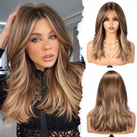 HAIRCUBE Long Synthetic Wig for Women Heat Resistant Natural Looking Hair with Bangs, Perfect for Daily Use, Party & Cosplay (Brown with Highlights)