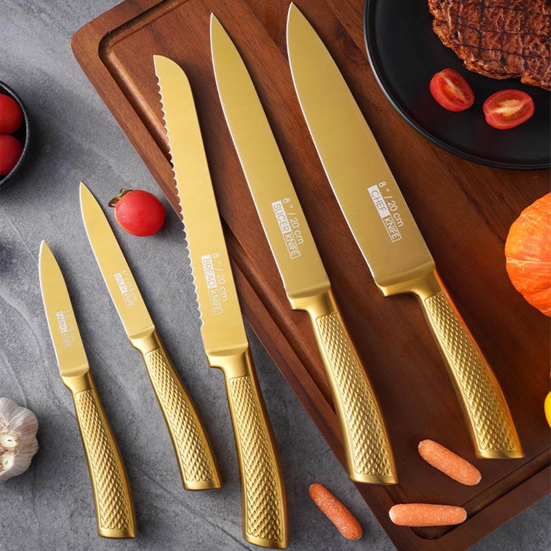 8-Piece Luxury Gold Kitchen Knife Set with Wooden Block Non-Rust