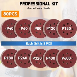 Aucenix 80PCS 125mm Sanding Discs: 8 Holes (40/60/80/120/150/180/240/320/400/600) Assorted Grits Sanding Pads - Hook and Loop Sandpaper Sheets for Random Orbital Sander for Wall Metal Wood