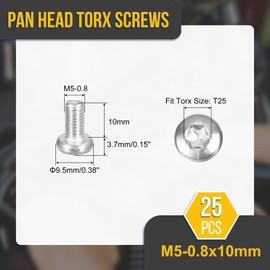 DTGN M5x10mm Pan Head Torx Security Screw - 25Pack - Good for Machinery - 304 Stainless Steel Button Head Torx Bolt Star Drive Security Fasteners - Silver Tone