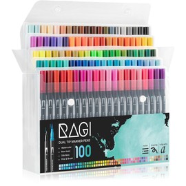RAGI Brush Pens Set of 100 Watercolour Pens, Felt Tip Pens for Adults and Children, Watercolour Markers, Dual Brush Pen for Colouring Book, Drawing, Calligraphy, Comic