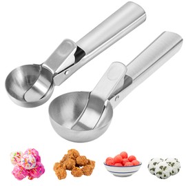 TAIHOBO Pack of 2 Ice Cream Scoops, Various Sizes, with Trigger Rustproof Ice Cream Spoon, Non-Stick Ice Cream Scoop, Stainless Steel, Comfortable Ice Ball Scoop for Ice Balls, Meatballs, Fruit and